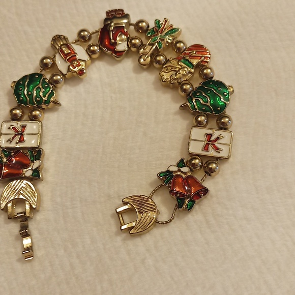 Vintage  Christmas Slide Charm Bracelet Enamel Gold Tone Santa Wreath Tree - Picture 3 of 5
